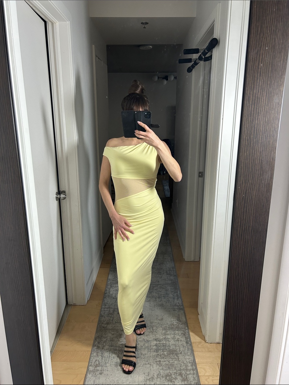Dynamite Butter Yellow Sheer Mesh Off-Shoulder Sculpt Maxi Dress